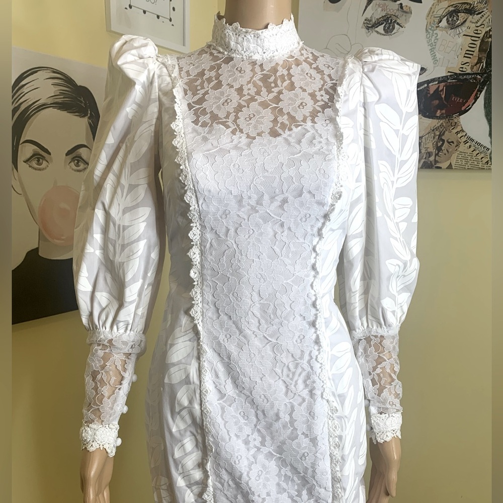Vintage PRINCESS KAIULANI Victorian-Inspired Midi Dress in White, Size 2 (Flaw)